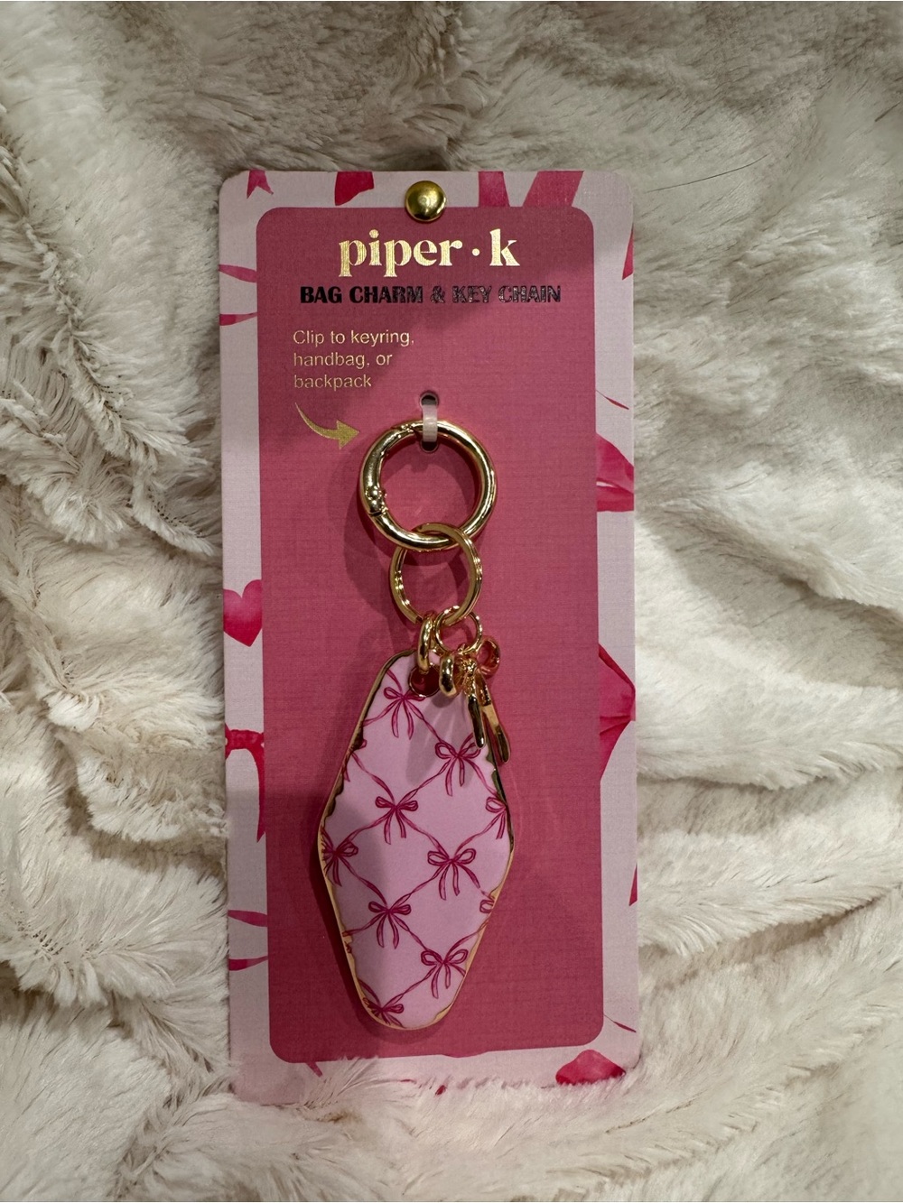 Piper Pink Bow Pattern Key & Bag Charm with Gold Hardware